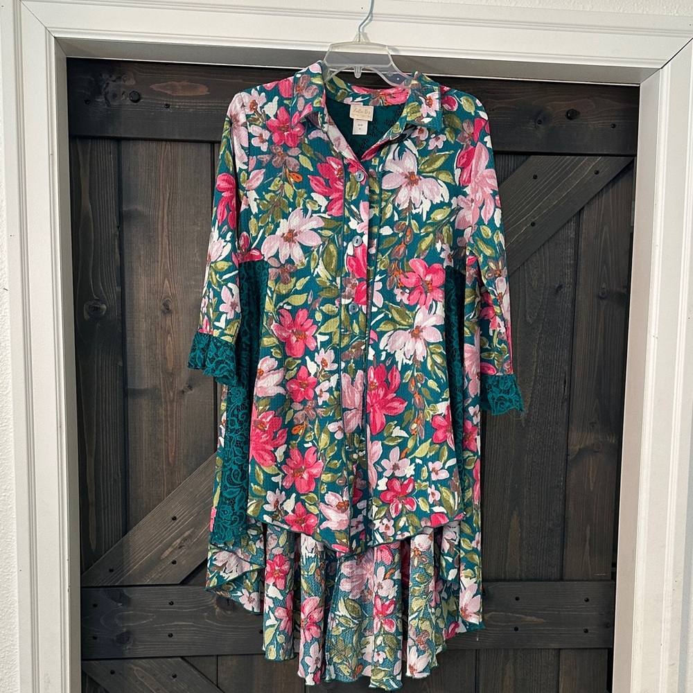 Floral Teal High-Low Women's Dress with Button Front